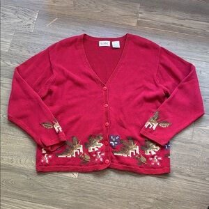 Tabi | 100% Cotton Red Button Up Cardigan Sweater With Leaf Embroidery Size XL